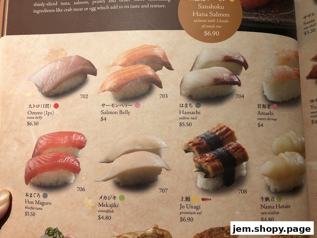 A menu page showcasing various sushi items with their names, descriptions, and prices.