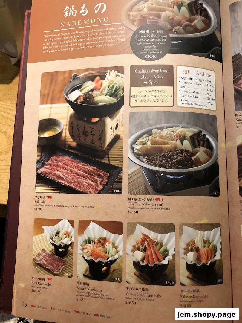 A menu page from Sushi Tei featuring Nabemono (hot pot) dishes with descriptions and prices.