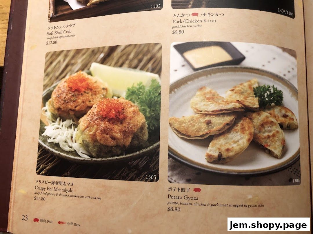 A menu page from Sushi Tei featuring images and descriptions of various Japanese dishes.