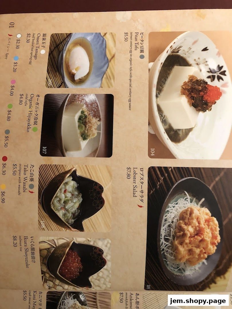A menu page from Sushi Tei featuring various Japanese dishes with images and prices.