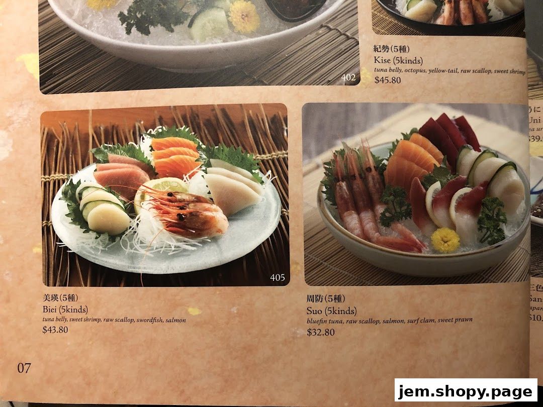 A menu page from Sushi Tei featuring various sashimi platters with prices.