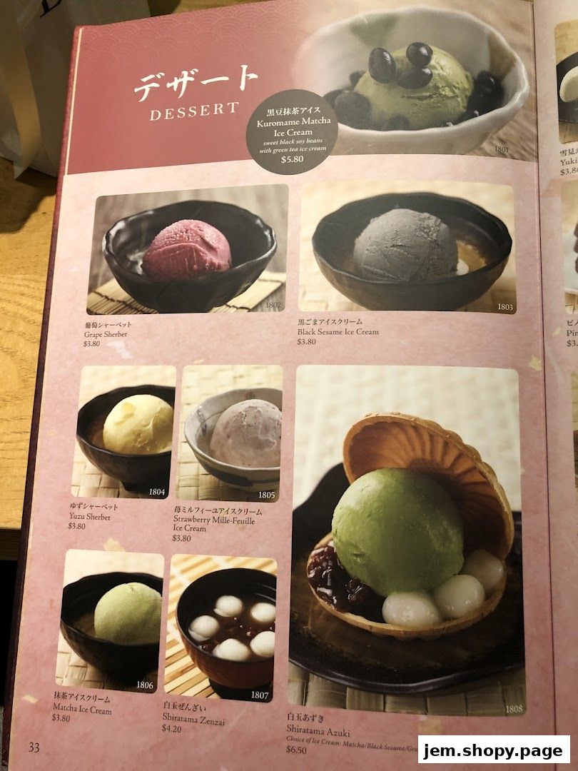 A menu page from Sushi Tei featuring various Japanese desserts, primarily ice cream and sherbet.