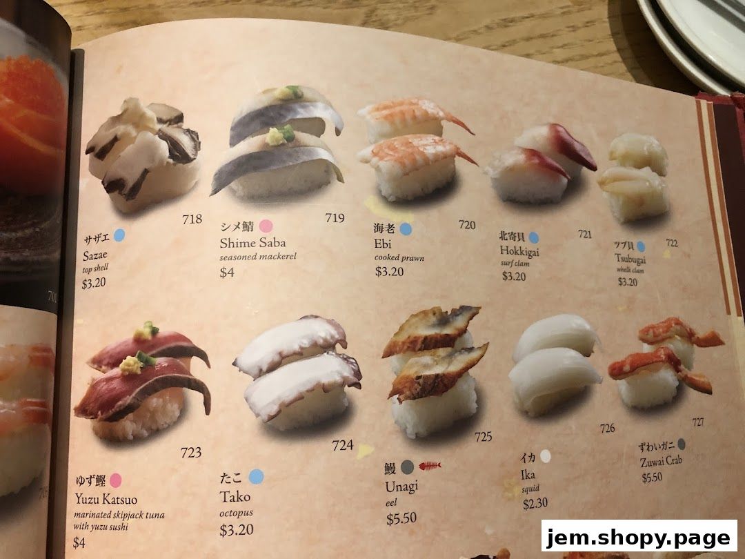 A menu page showcasing various sushi items with their names, descriptions, and prices.