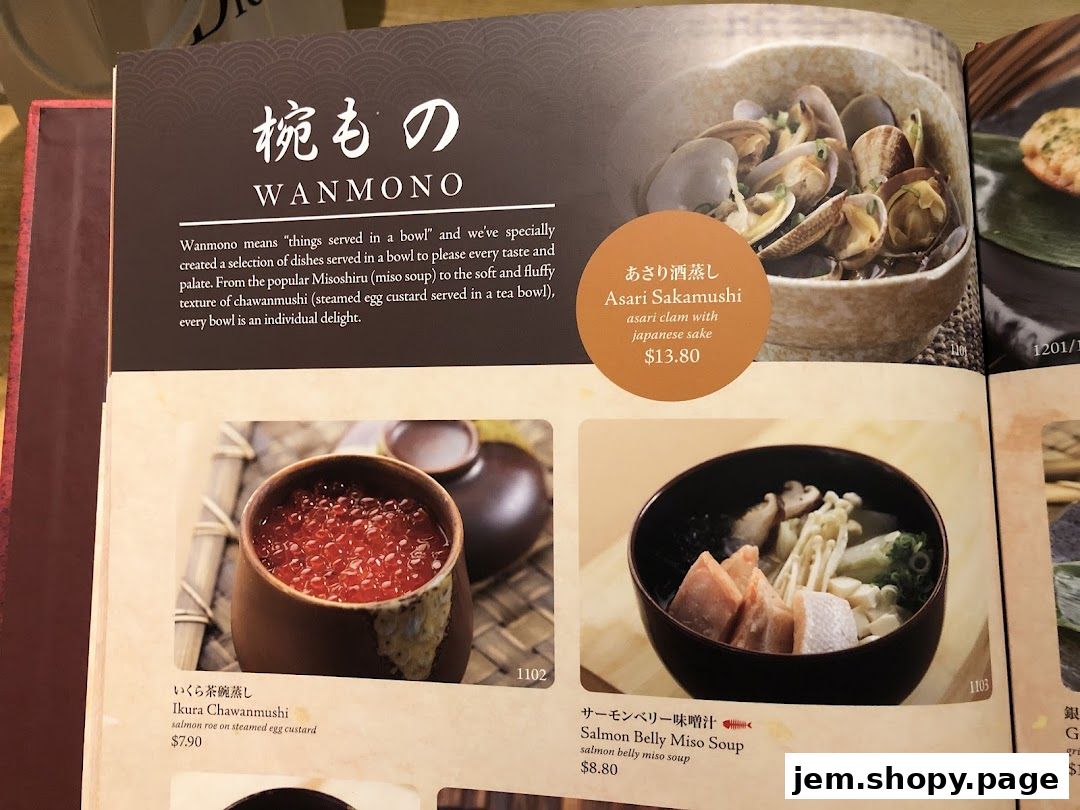 A menu page showcasing Japanese dishes served in bowls, including clams and salmon miso soup.