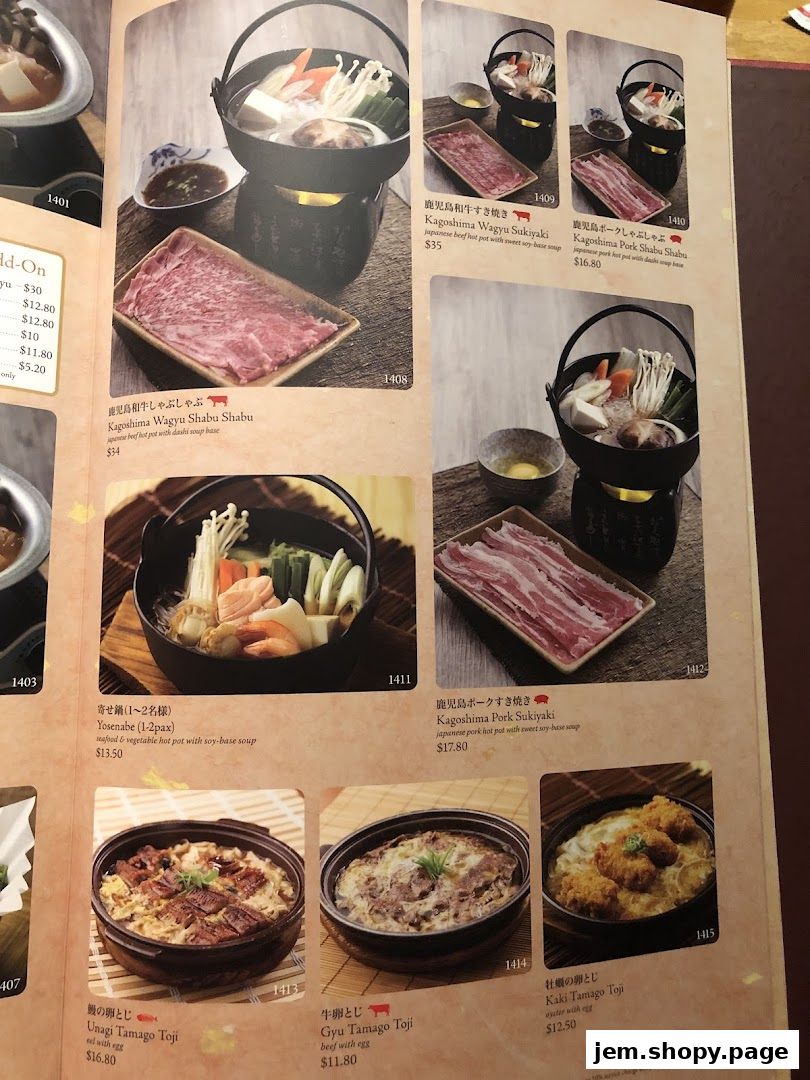 A menu page from Sushi Tei featuring various Japanese hot pot dishes and rice bowls.
