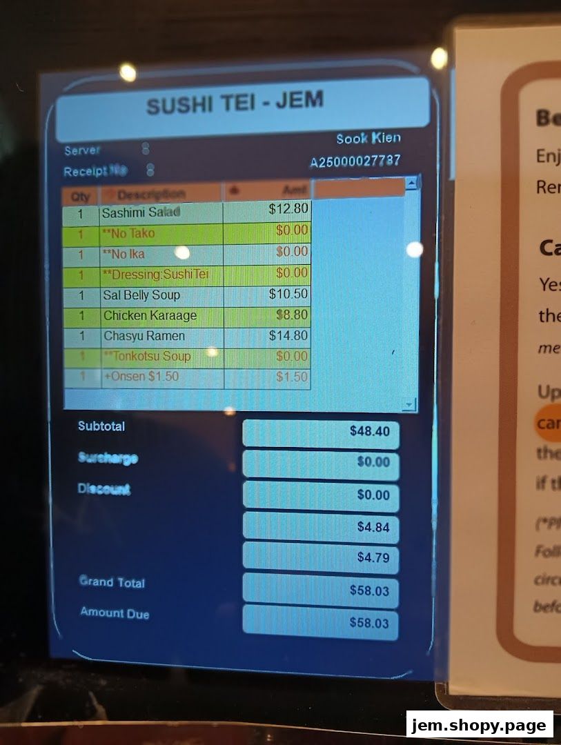 A receipt from Sushi Tei showing a list of ordered items and their prices.