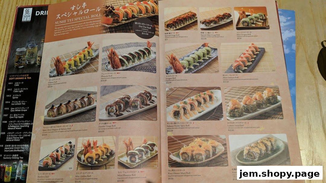 A menu page from Sushi Tei featuring various specialty sushi rolls with images and prices.