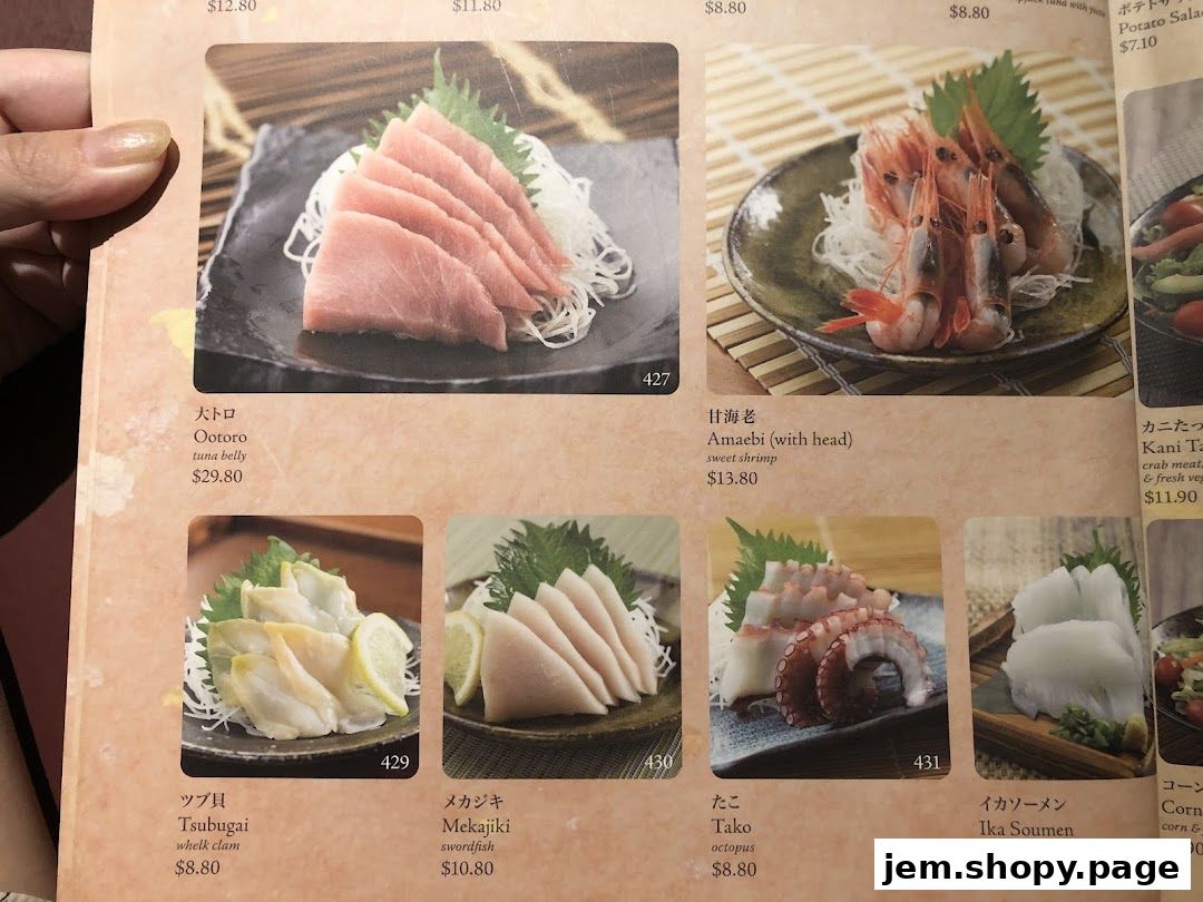 A menu page from Sushi Tei featuring various sashimi dishes with prices.