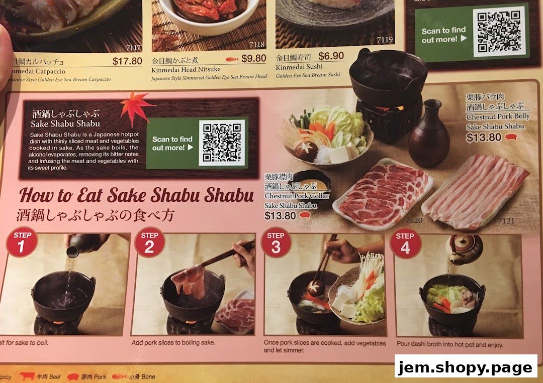 A menu page showcasing Sake Shabu Shabu dishes and how to prepare them.