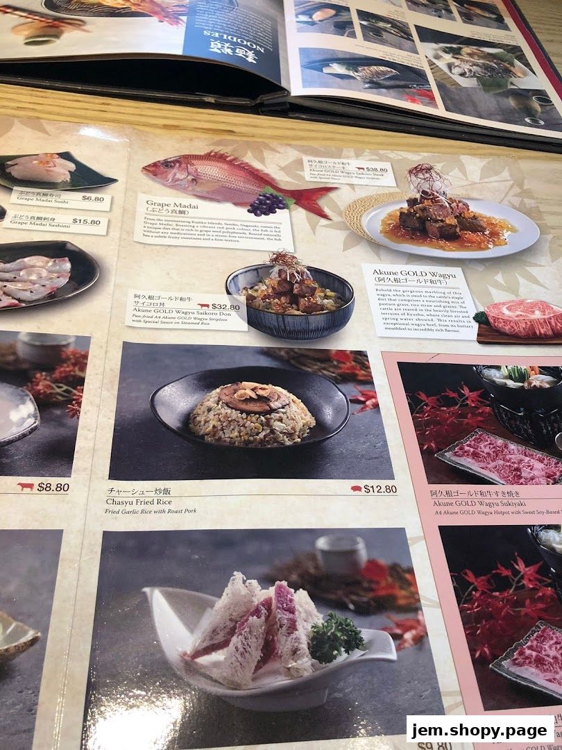 A menu from Sushi Tei featuring various Japanese dishes, including sushi, wagyu beef, and fried rice.