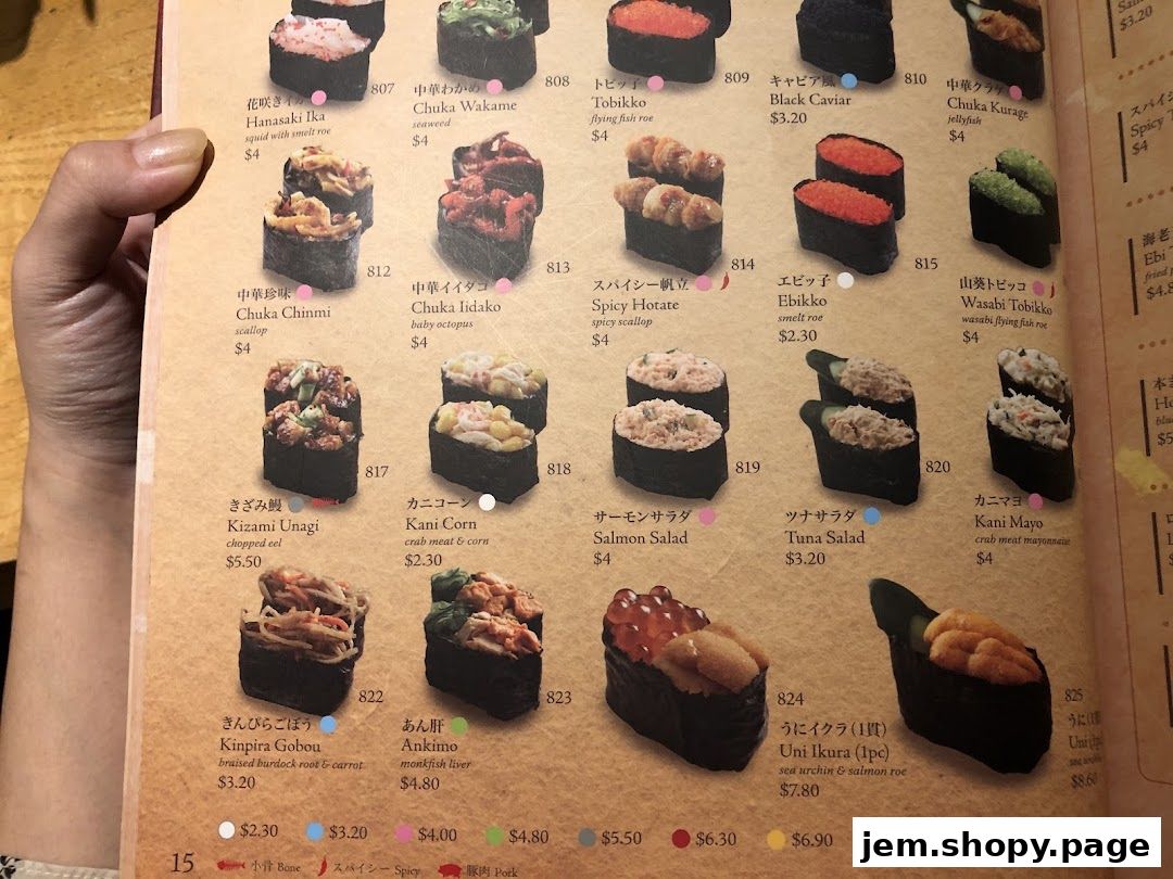 A close-up of a Sushi Tei menu featuring various sushi items with their names and prices.