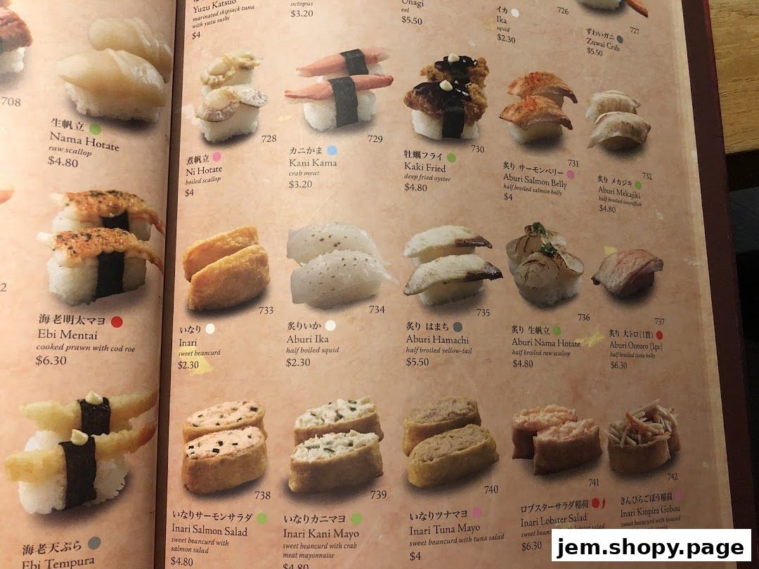 A menu page from Sushi Tei featuring various sushi items with images and prices.