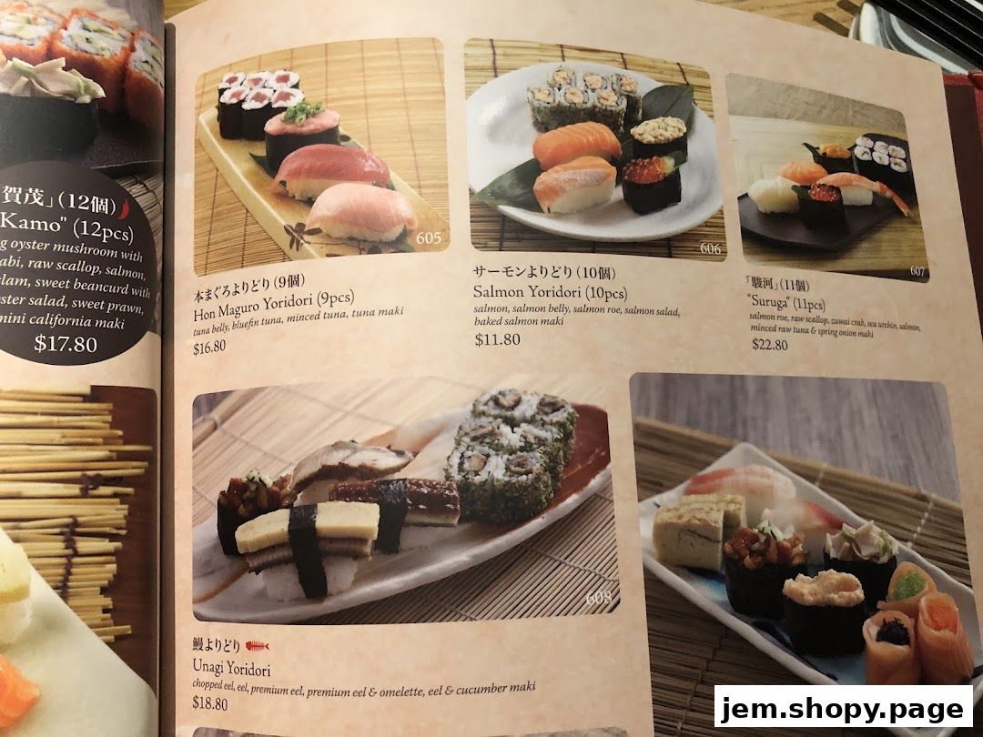 A menu page from Sushi Tei featuring various sushi platters and their descriptions.