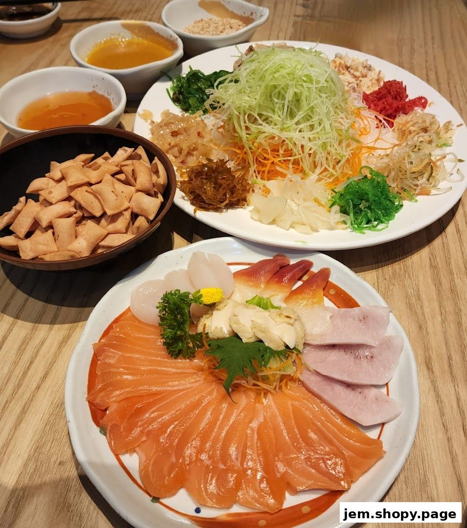 A vibrant spread of sushi and salad dishes, featuring fresh sashimi and colorful ingredients.