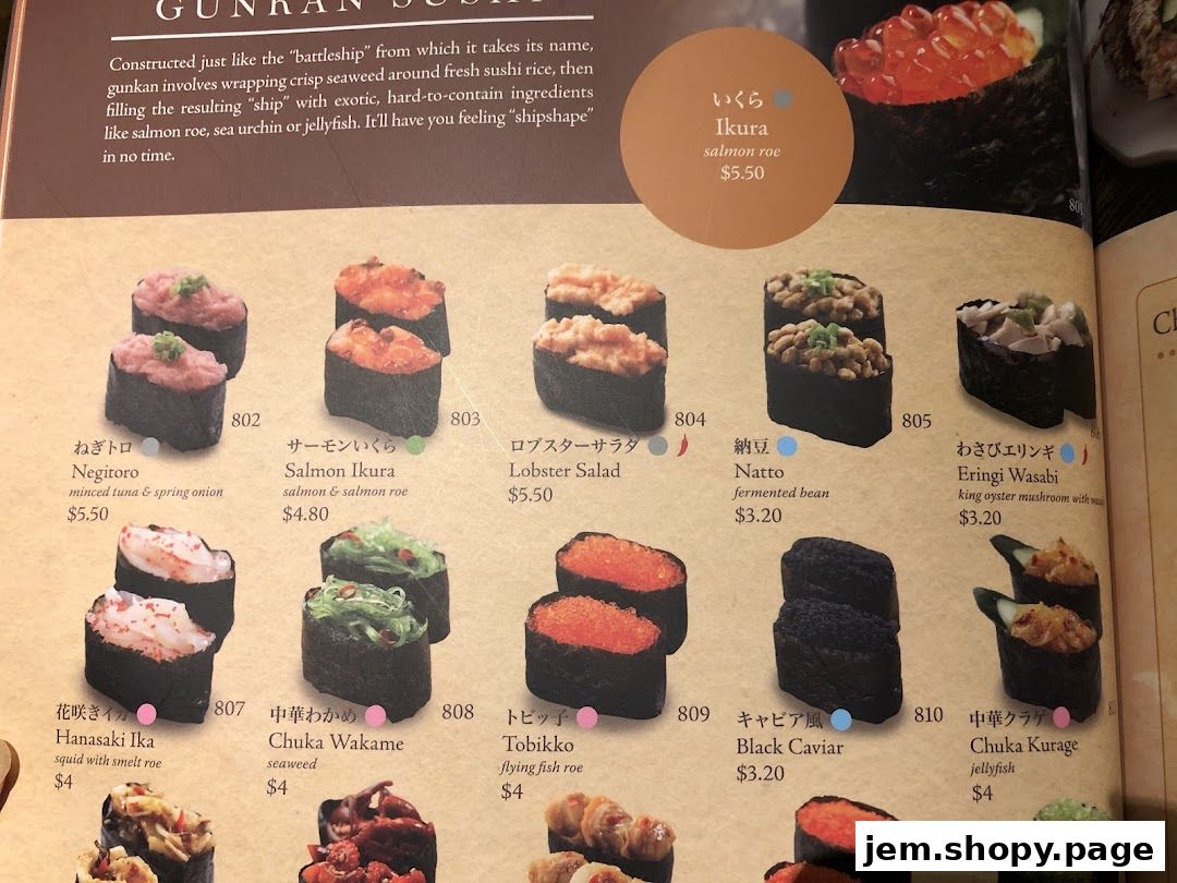 A menu page showcasing various types of Gunkan Sushi with their names and prices.