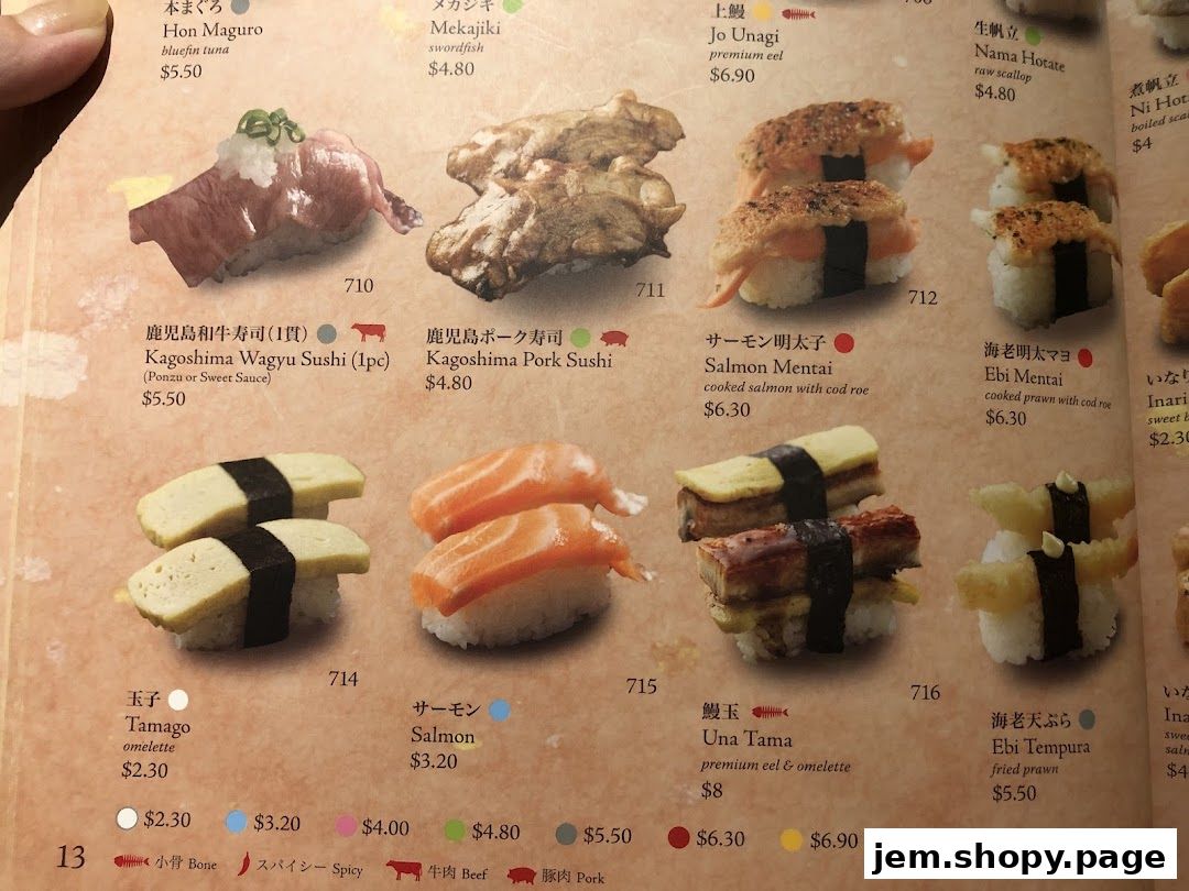 A close-up of a sushi menu featuring various nigiri and sushi rolls with prices.