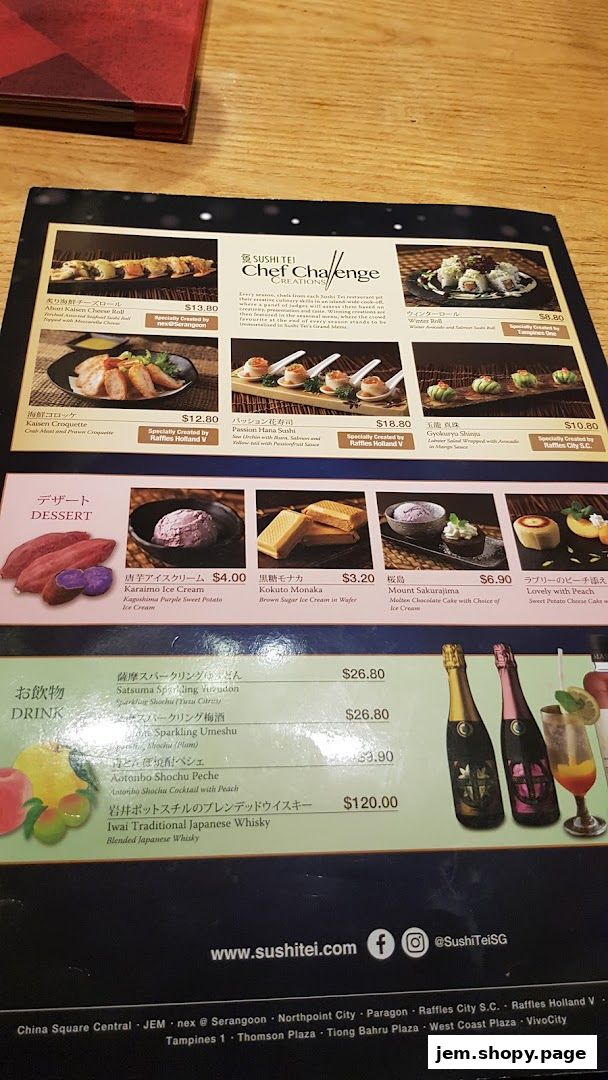 A menu from Sushi Tei featuring various sushi, desserts, and drinks with prices.