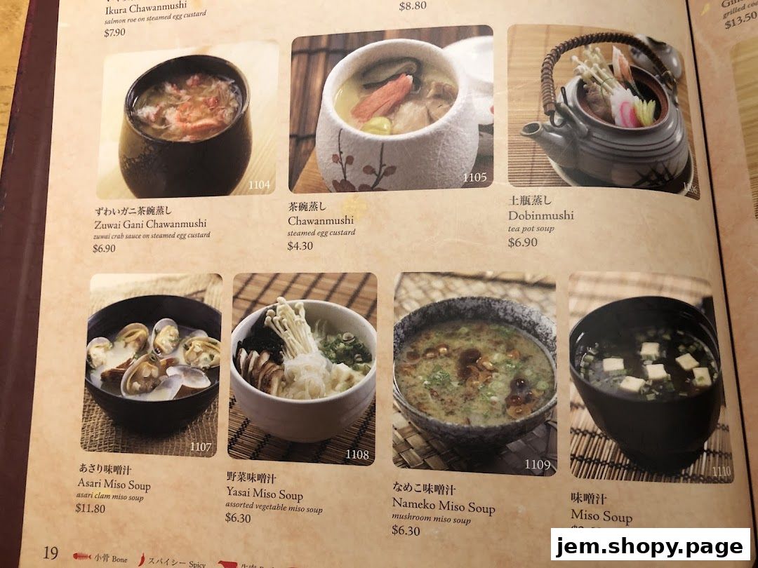 A menu page from Sushi Tei showcasing various Japanese soups and steamed egg custards.