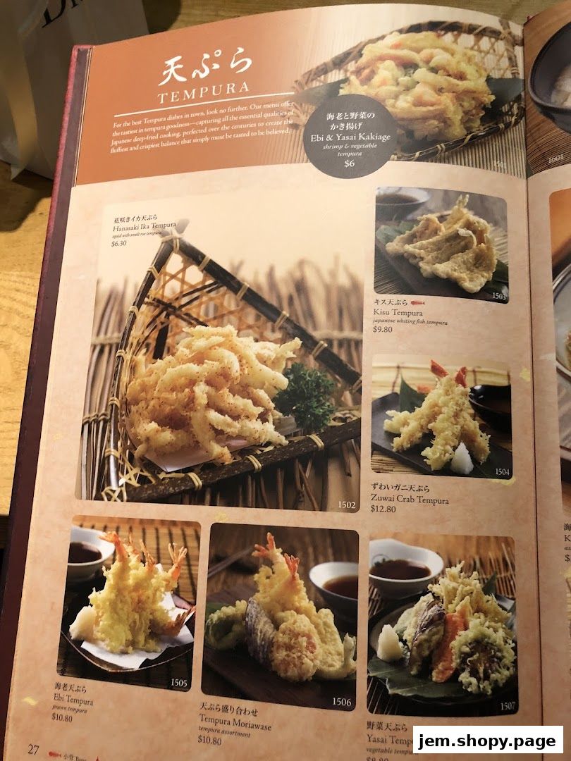 A menu page showcasing various tempura dishes with appetizing images and descriptions.