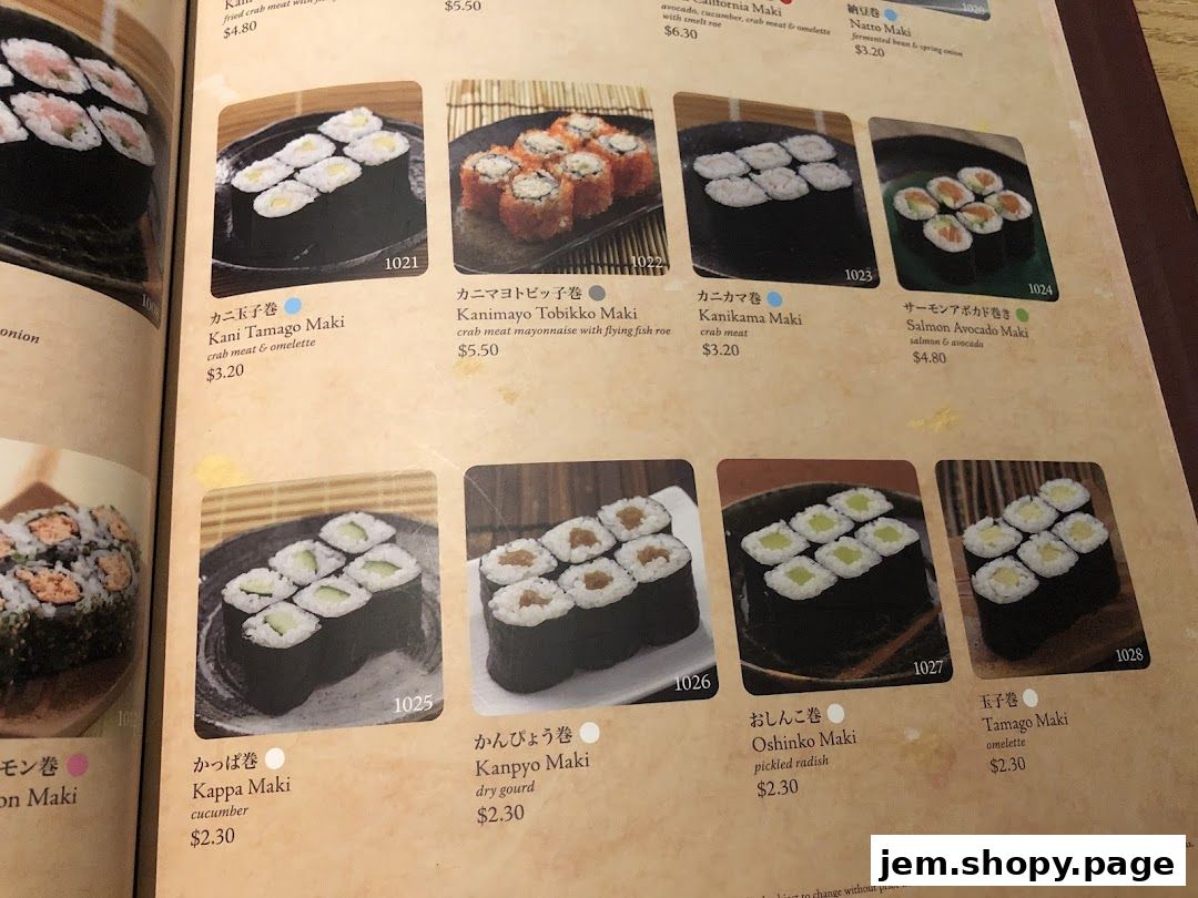 A page from a Sushi Tei menu showcasing various maki rolls with images and prices.