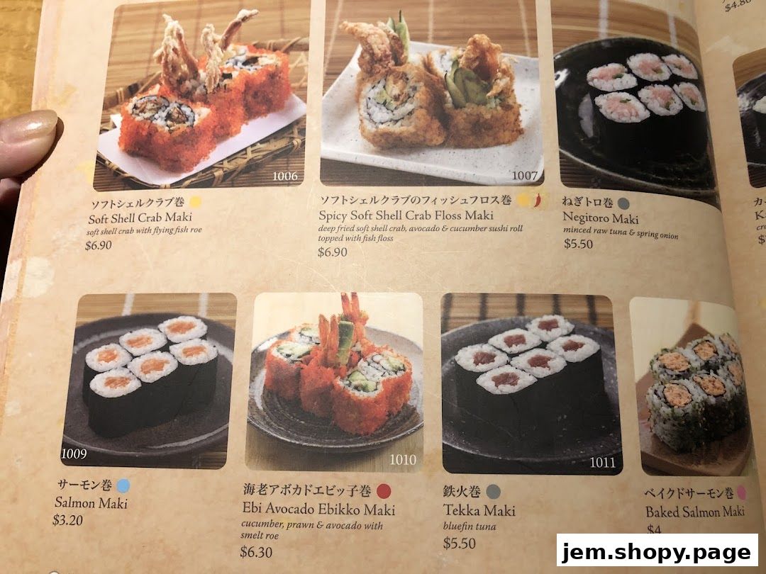 A menu page from Sushi Tei featuring various sushi rolls with images and prices.
