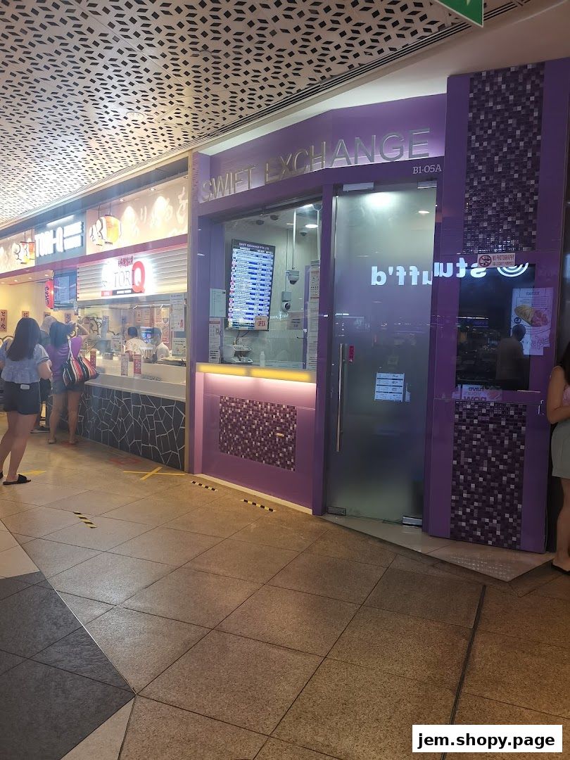 The Swift Exchange shop front with a digital menu board and purple accents.