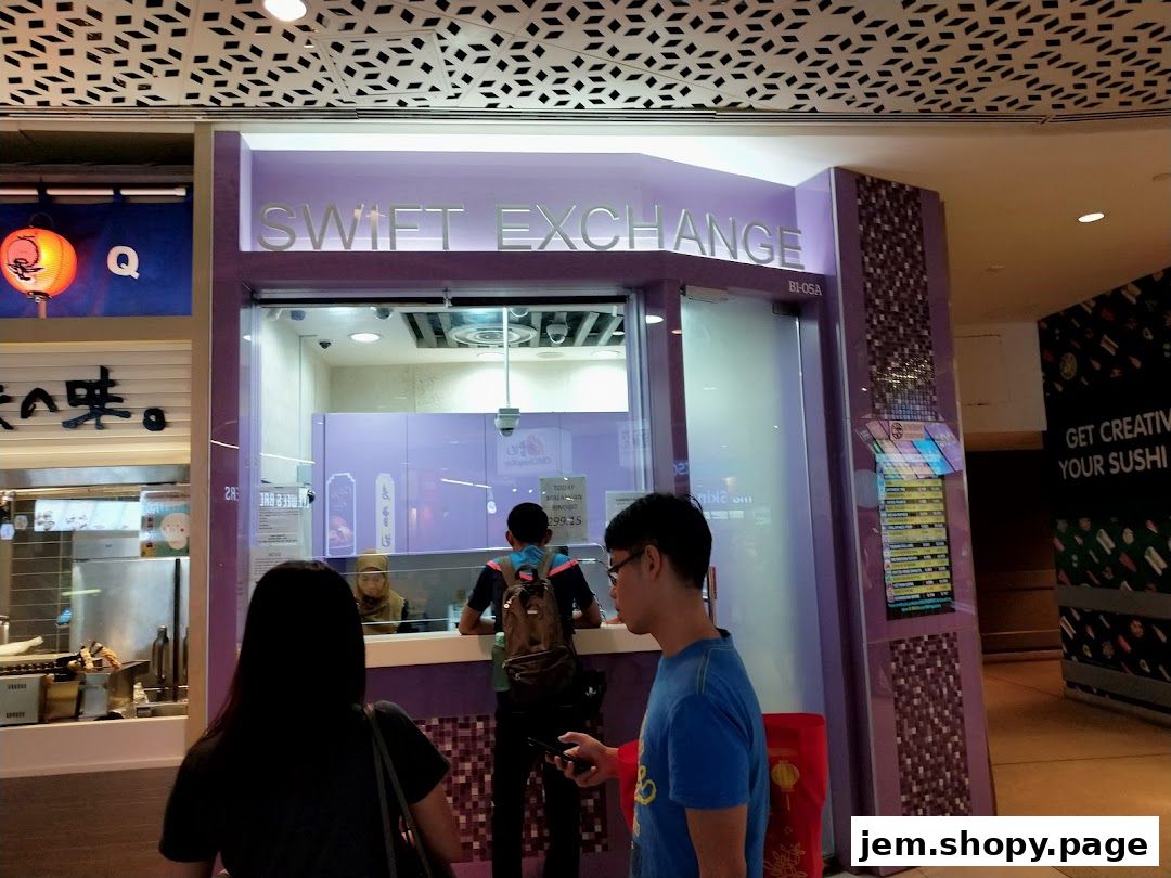 Swift Exchange currency exchange counter with customers waiting.