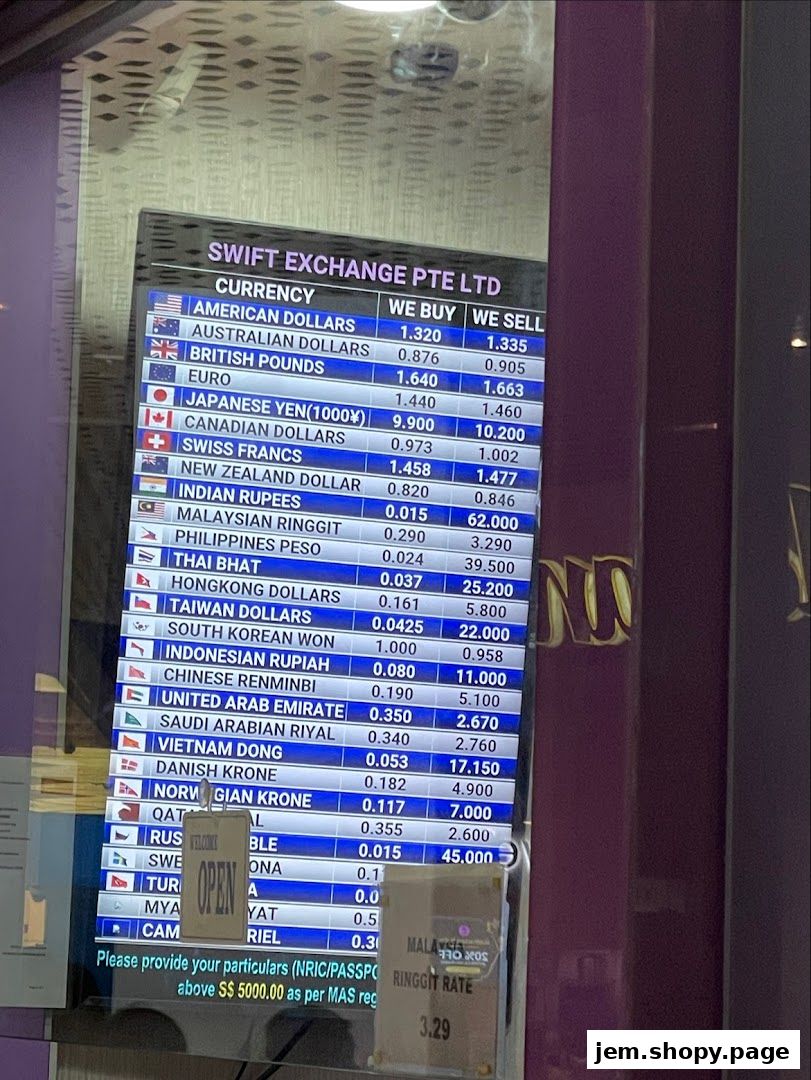 A digital display showing currency exchange rates for various countries at Swift Exchange.