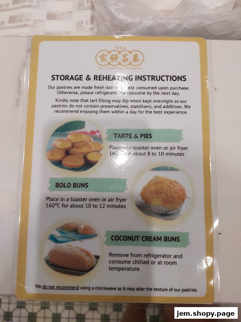 Storage and reheating instructions for Tai Cheong Bakery pastries.