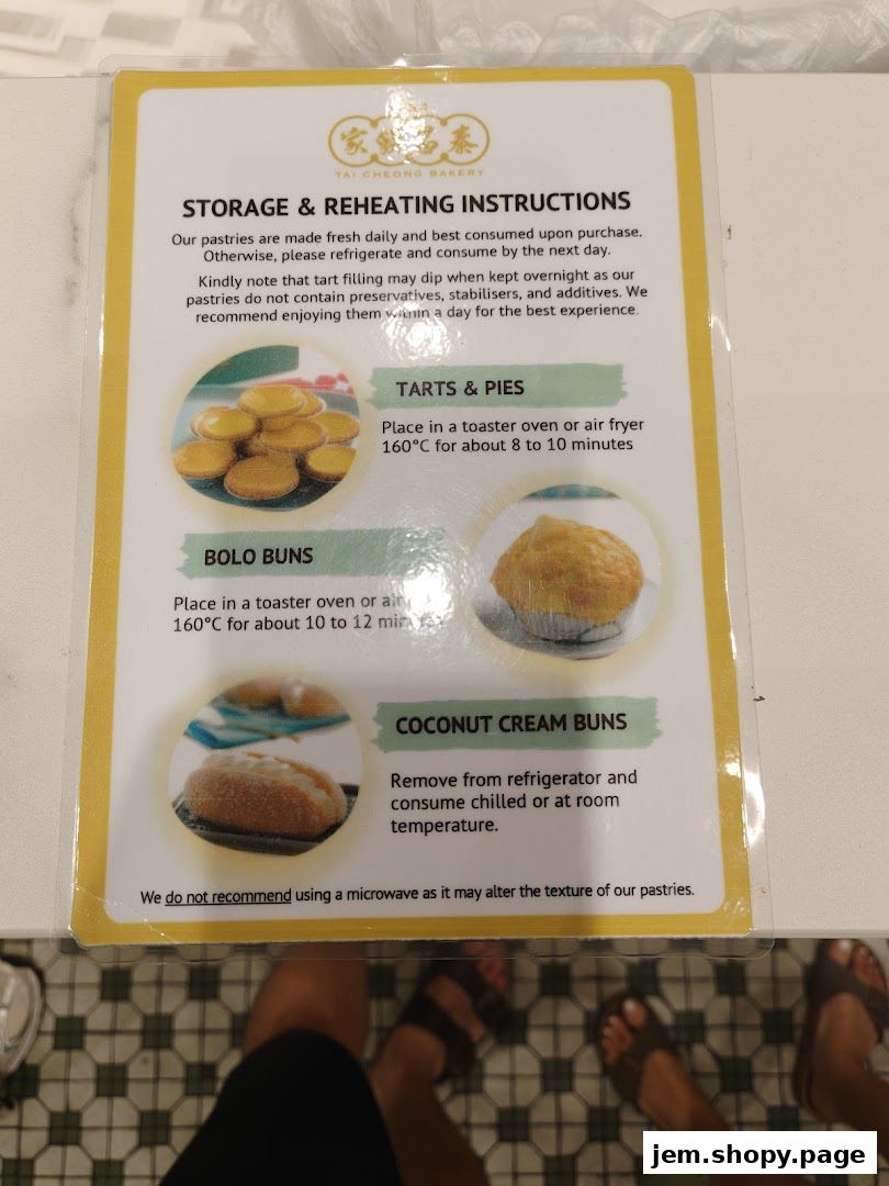 Storage and reheating instructions for Tai Cheong Bakery pastries.