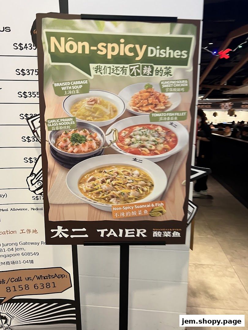 A menu board showcasing non-spicy dishes from TAI ER JEM with images and names.
