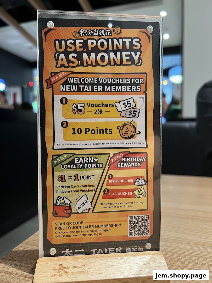 A sign for TAI ER offering points as money, welcome vouchers, and birthday rewards.