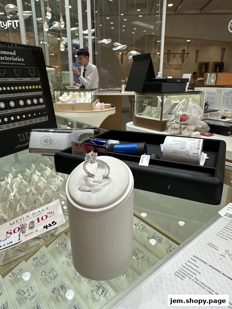 A diamond ring is displayed on a stand in a jewelry store with a sale sign.