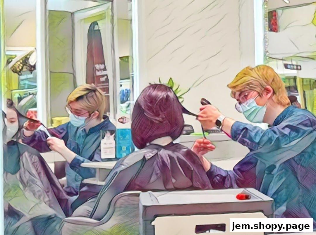 Stylists giving haircuts to clients in a modern salon setting.