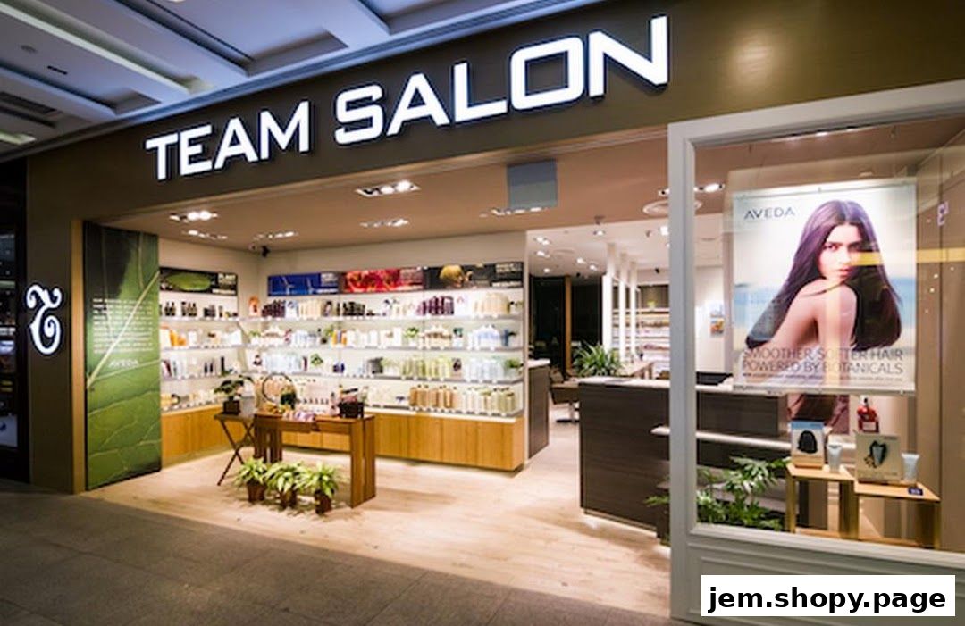 Exterior view of Team Salon Jem Aveda, showcasing products and a promotional poster.