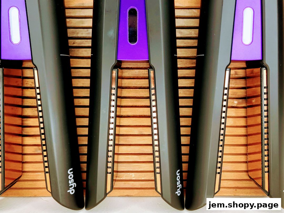 Close-up of three Dyson hair straighteners with purple accents on a wooden stand.