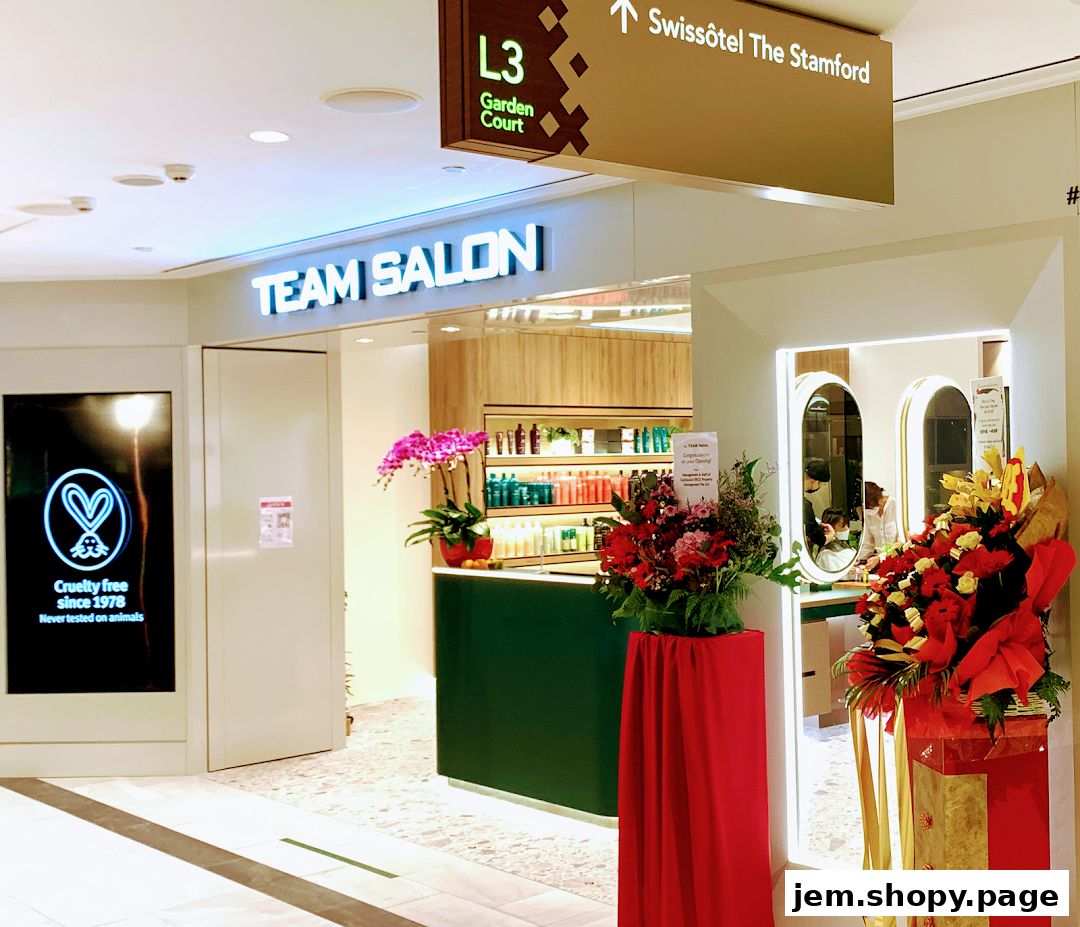 The entrance of Team Salon Jem Aveda, a beauty salon with products displayed.