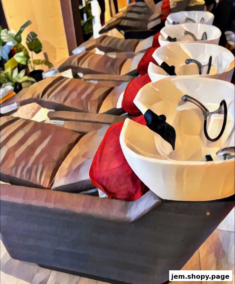 A row of hair washing stations with sinks and comfortable seating.