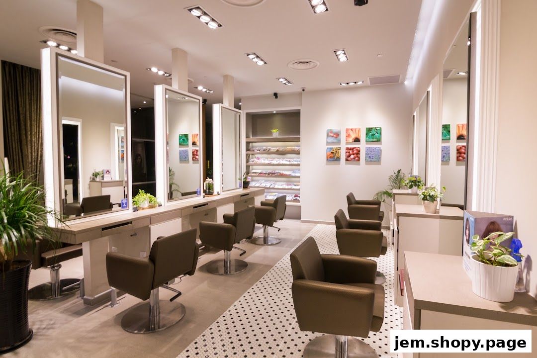 Interior of a modern hair salon with styling chairs, mirrors, and product displays.