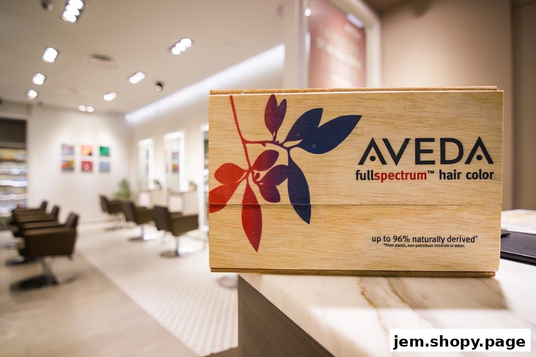 A wooden display box for AVEDA fullspectrum hair color sits on a counter.