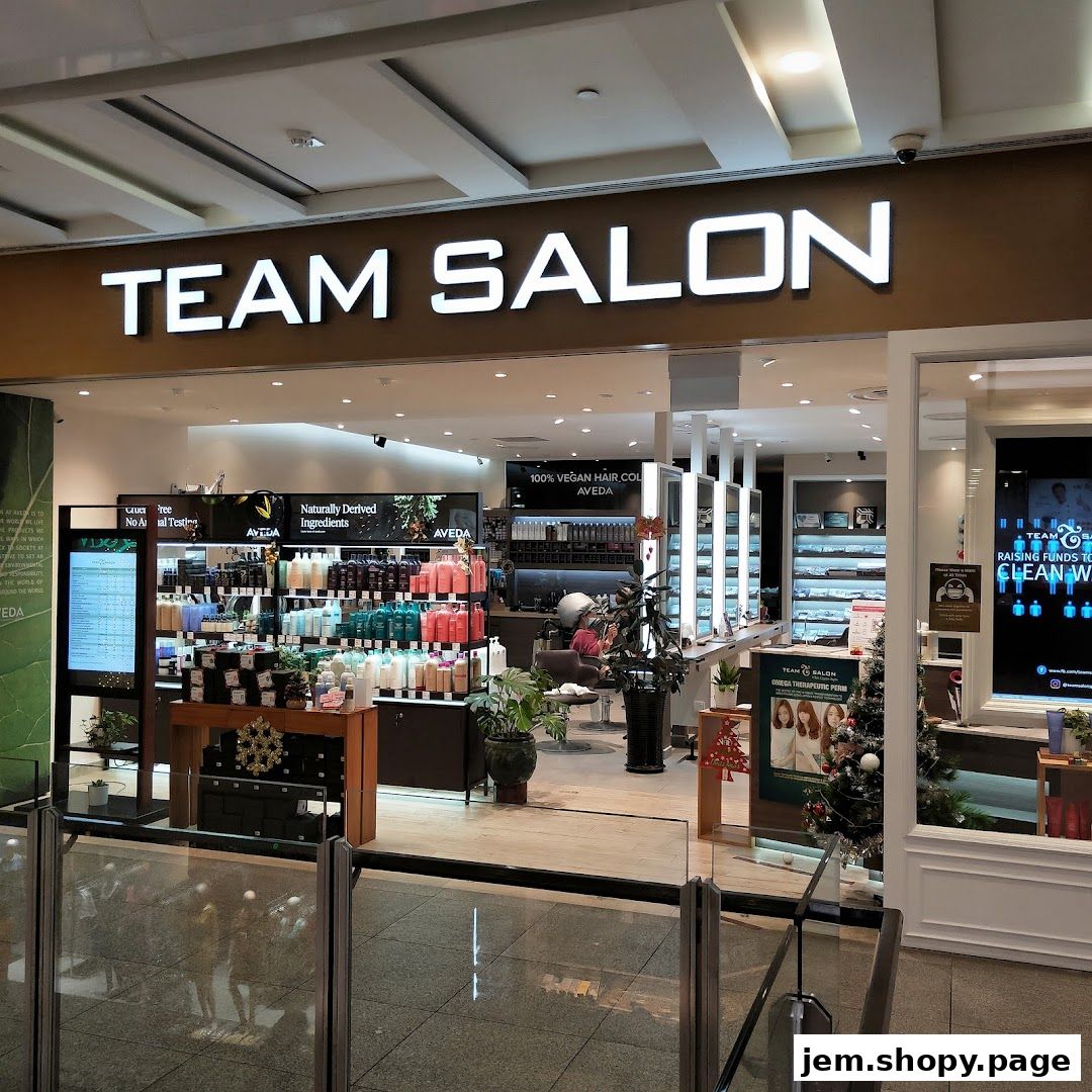 The exterior of Team Salon Jem Aveda, showcasing products and salon interior.