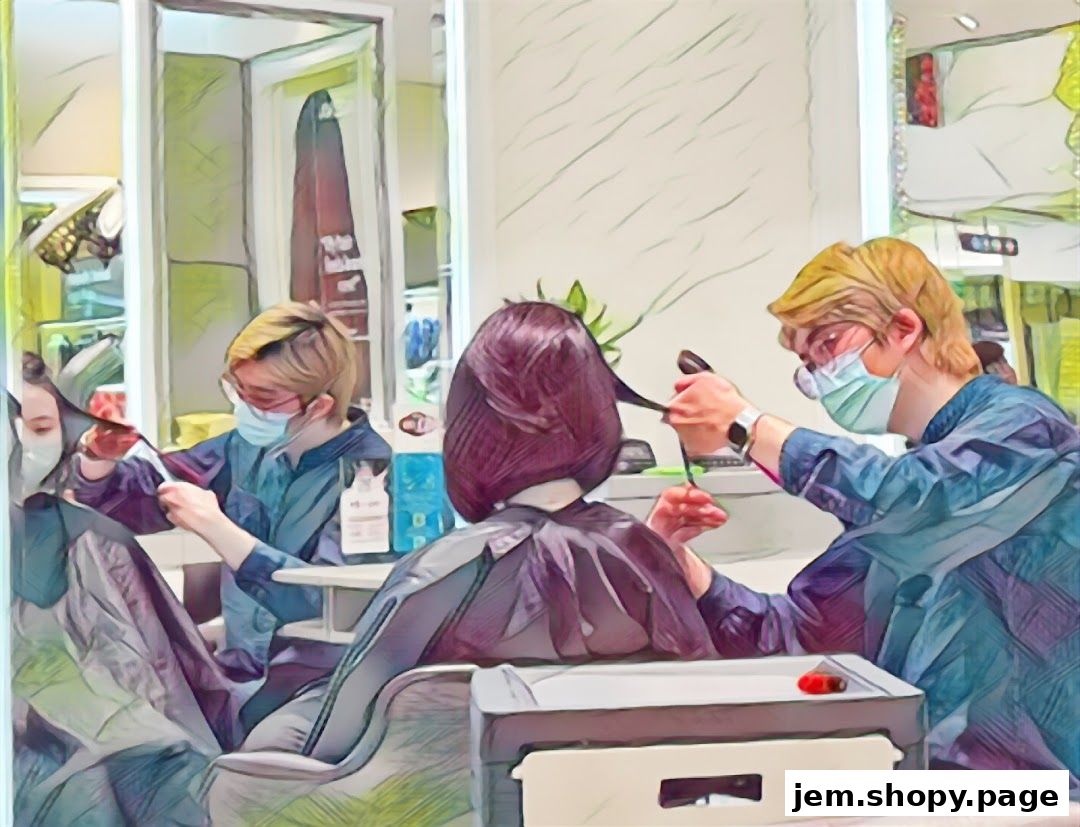 Stylists giving haircuts to clients in a modern salon setting.