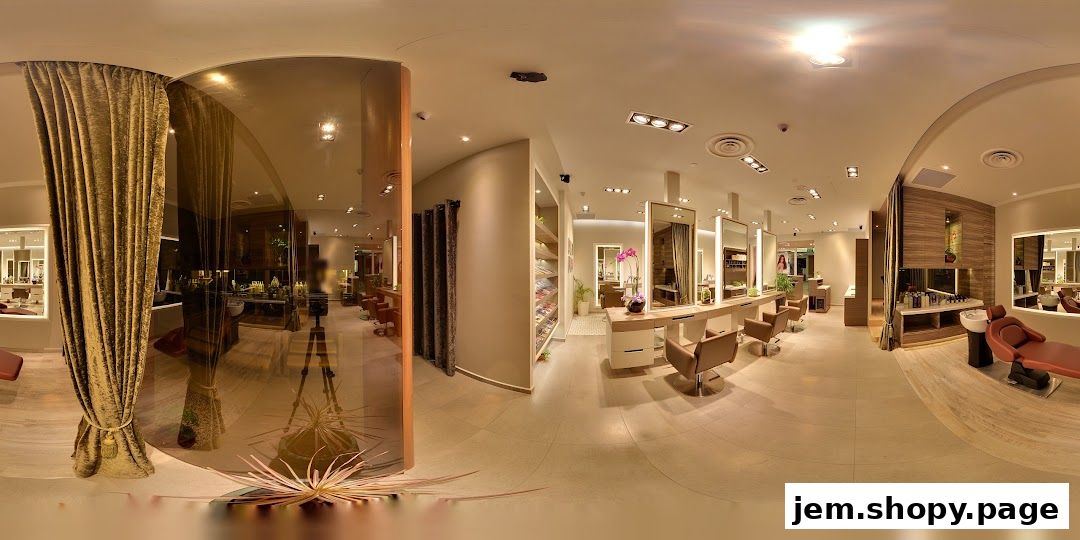 Interior view of a modern, well-lit hair salon with styling stations and product displays.