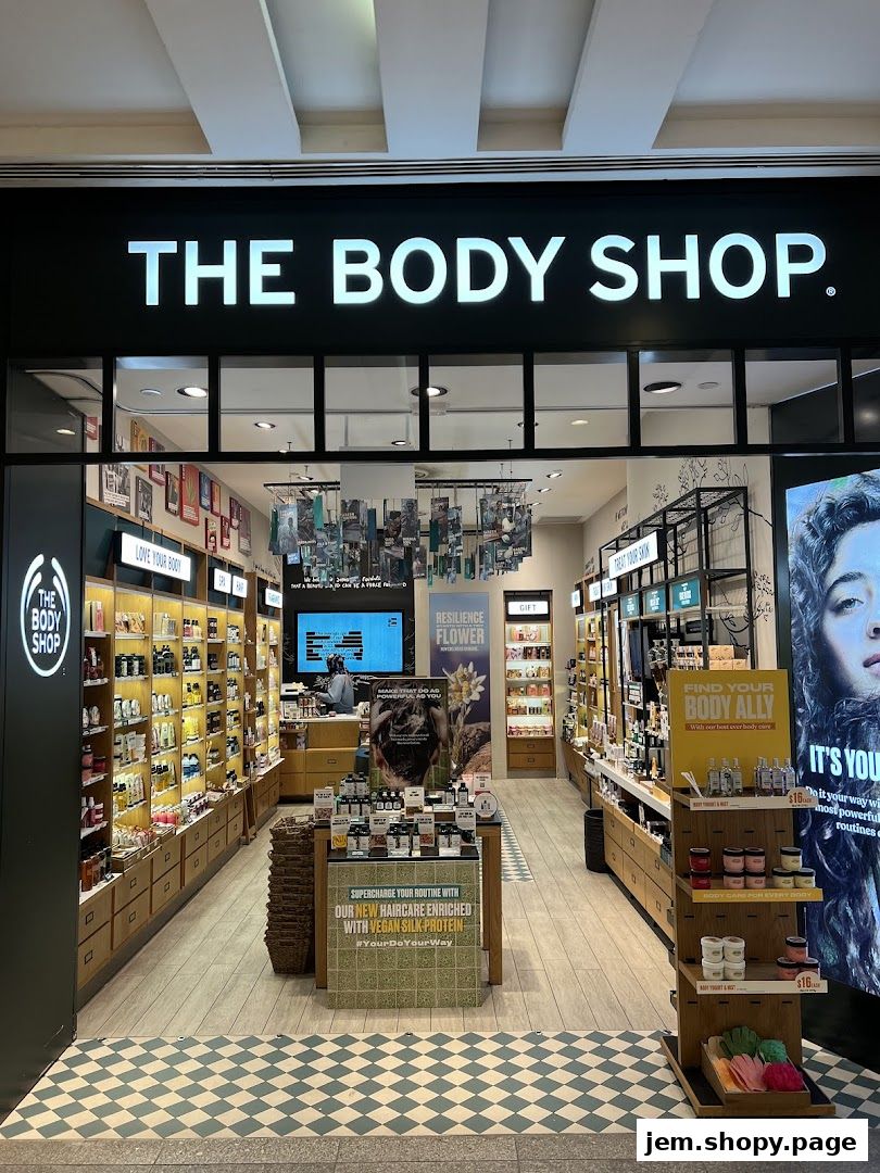 The Body Shop storefront with products displayed inside and promotional signage.