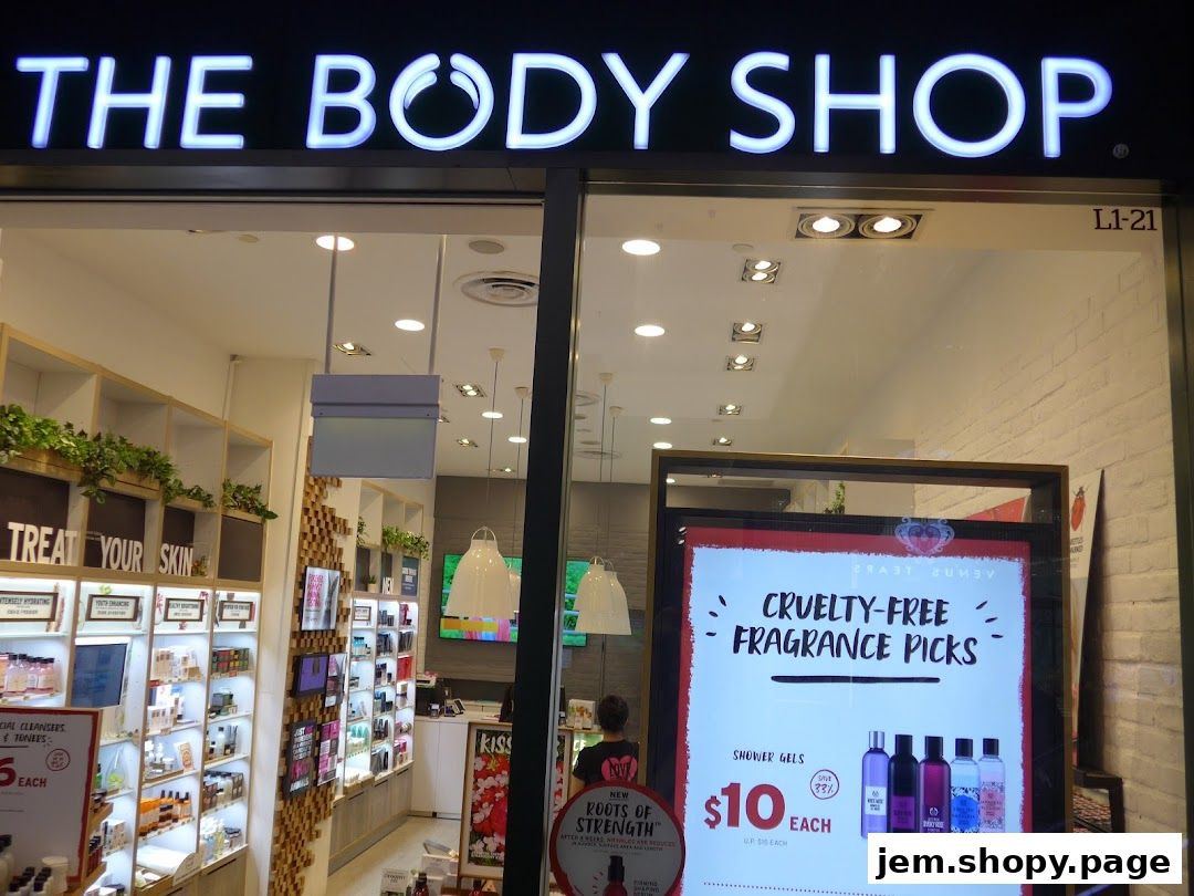 The Body Shop storefront with illuminated signage and product displays visible inside.
