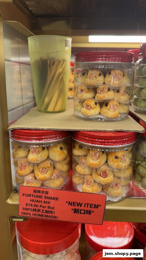 Jars of cute, snake-shaped cookies are displayed on shelves, with a price tag indicating they are a new, homemade item.