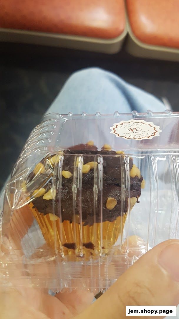 A hand holds a chocolate cupcake with nuts in a clear plastic container.