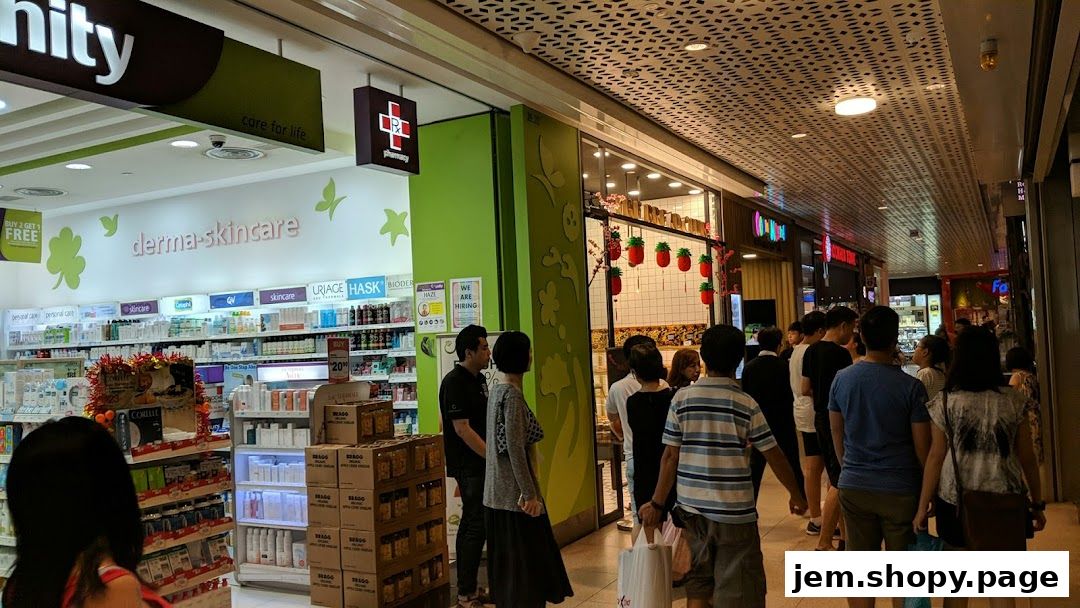 A pharmacy and skincare store with shelves stocked with products and customers browsing.