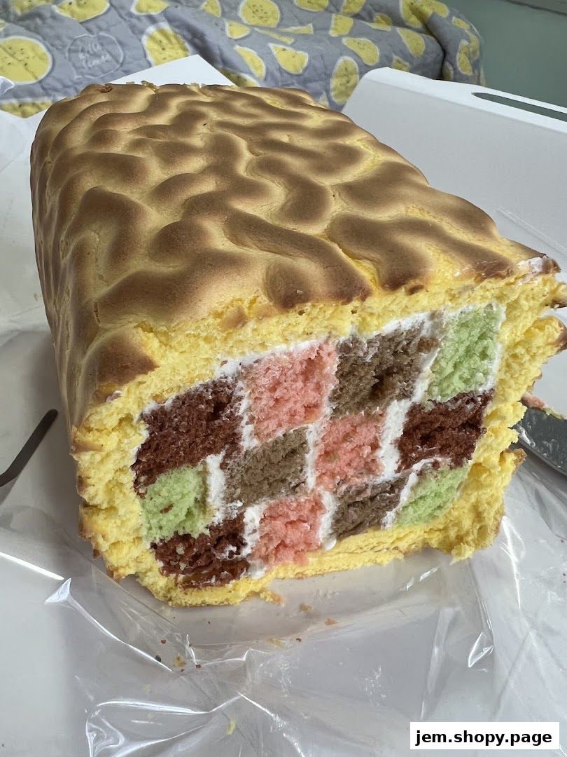 A colorful checkerboard cake with cream filling and a golden-brown top.