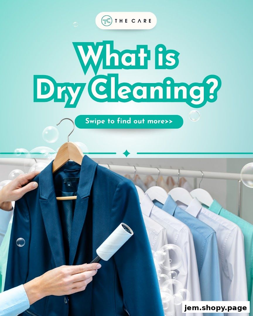 A suit jacket and shirts are displayed on hangers, with text asking 'What is Dry Cleaning?'.